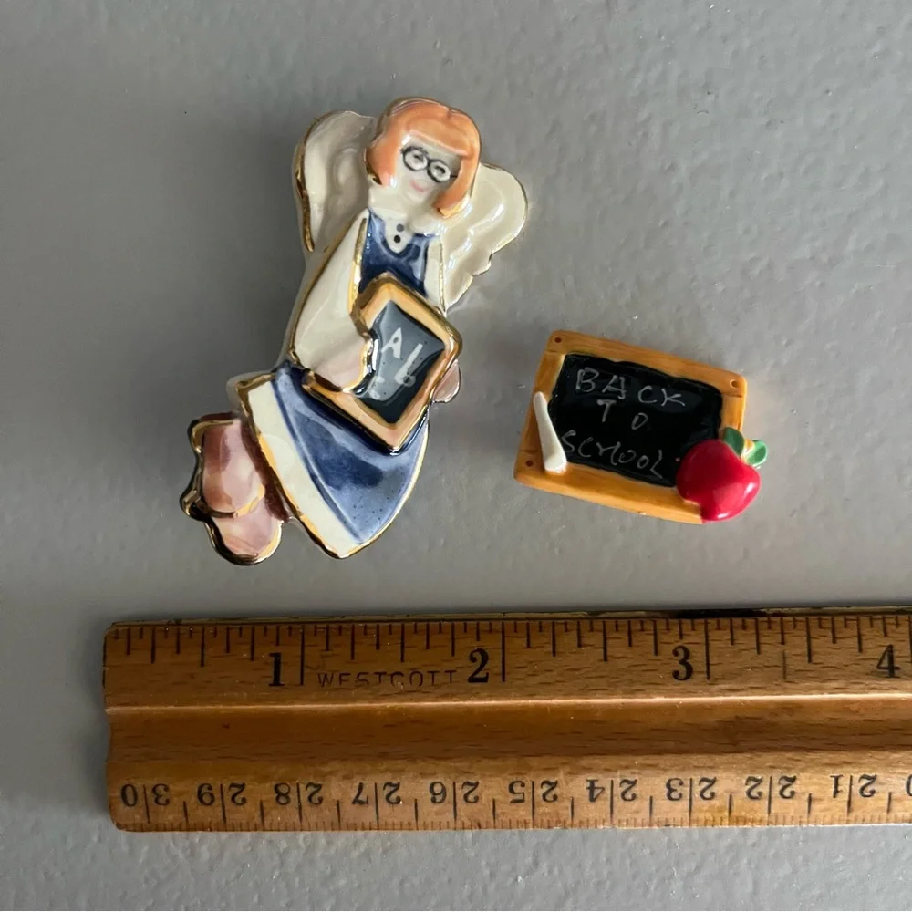 2 Teacher Angel Set Pin Brooch Iridescent School Teacher Chalkboard gift Vintage